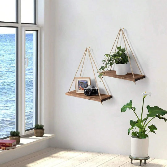 Hanging Hemp Rope Wooden Shelve Decor - Swane Shop