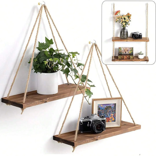 Hanging Hemp Rope Wooden Shelve Decor - Swane Shop